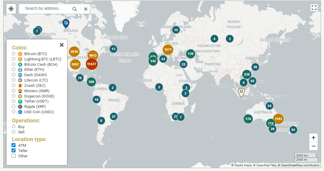 Map of crypto ATMs in the world